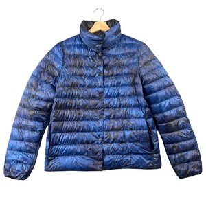 Tumi PAX Mens Blue Camo Packable Down Puffer Jacket Hidden Hood Small S/P